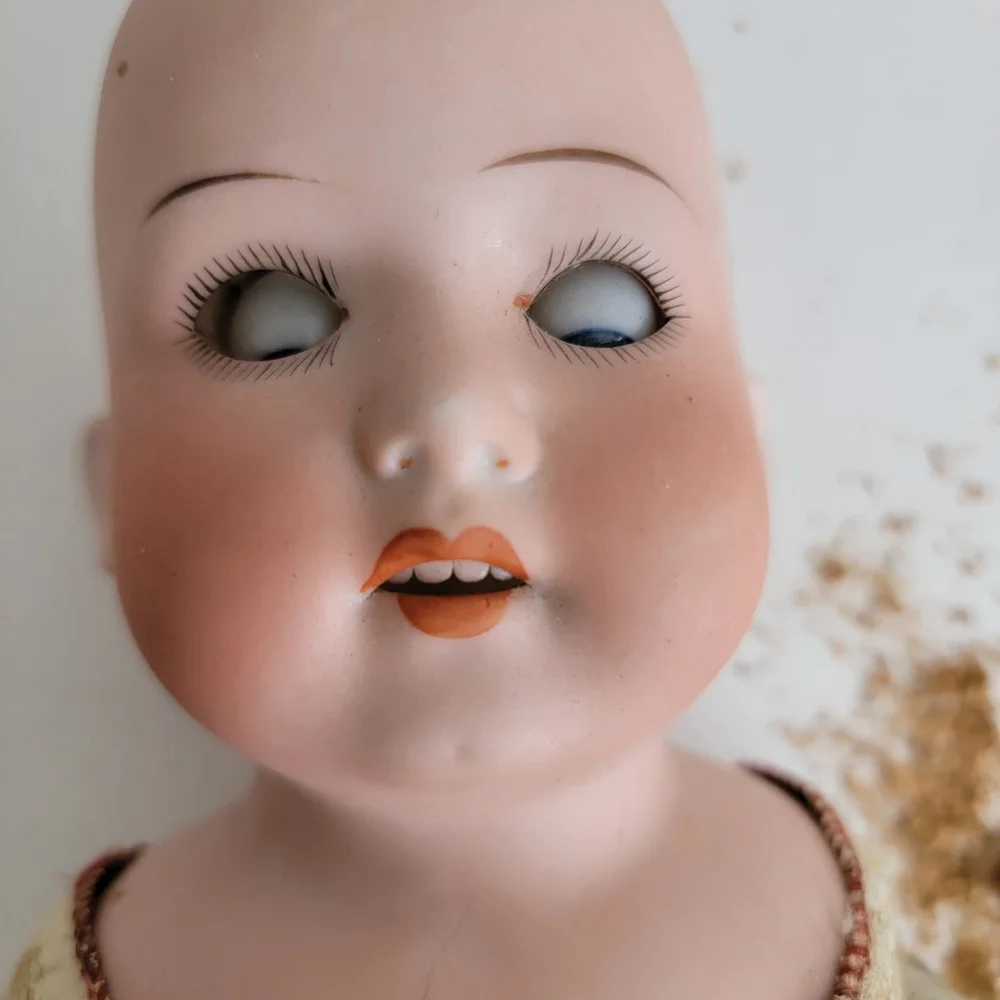Antique Doll German Bisque Jointed Leather Body Needs Repair Sleep Eyes Teeth